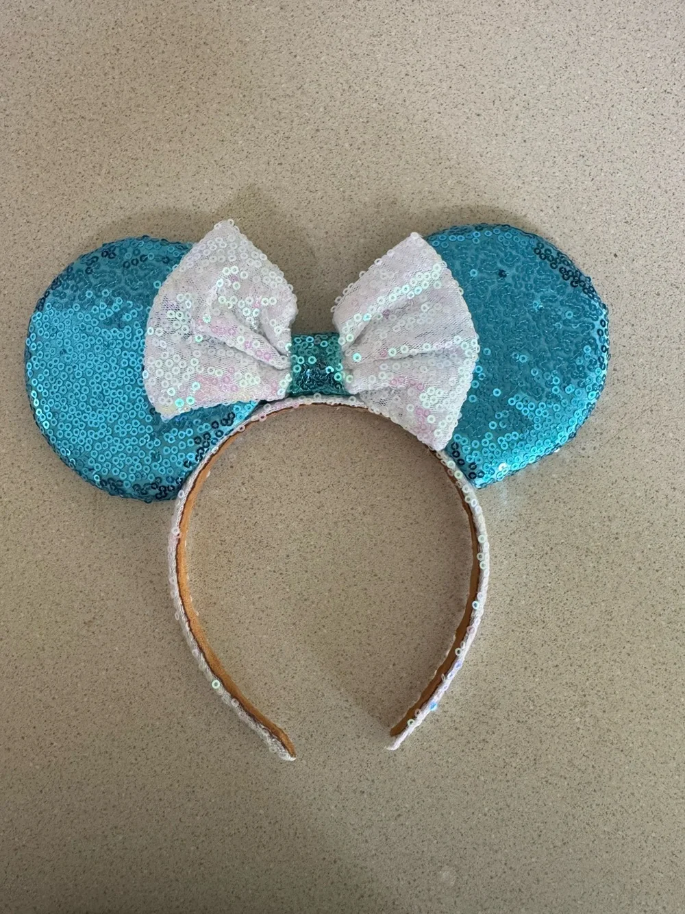 Minnie Mouse Style Aqua Blue Sequin Ears Iridescent Bow Headband